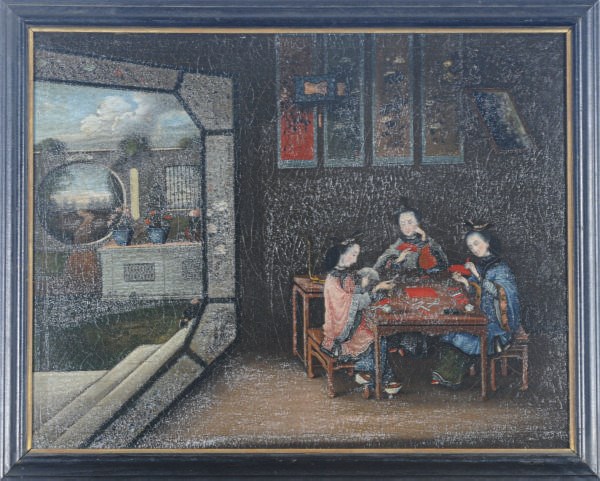 A CHINESE EXPORT-STYLE PAINTING OF LADIES IN AN INTERIOR,