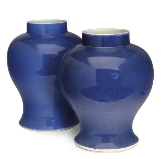 TWO SIMILAR CHINESE PORCELAIN POWDER BLUE GROUND BALUSTER JARS,