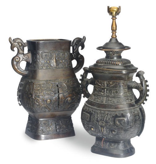 TWO CHINESE ARCHAISTIC BRONZE TWO-HANDLED JARS, ONE MOUNTED AS LAMP,