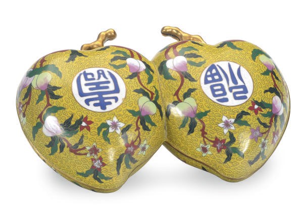 A CHINESE CLOISONNE DOUBLE-PEACH FORM BOX AND COVER,