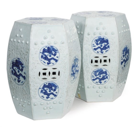 A PAIR OF CHINESE PORCELAIN BLUE AND WHITE HEXAGONAL GARDEN SEATS