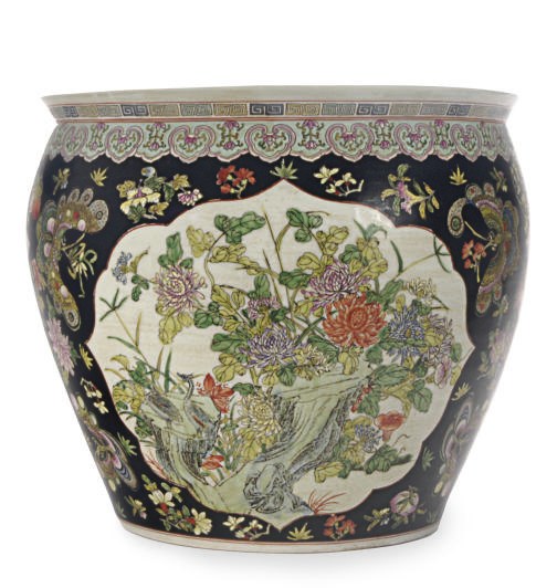 A CHINESE PORCELAIN FAMILLE NOIR FISH BOWL,