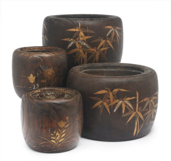 TWO PAIRS OF JAPANESE MOTHER-OF-PEARL AND METAL INLAID BRUSH POTS IN TWO SIZES,