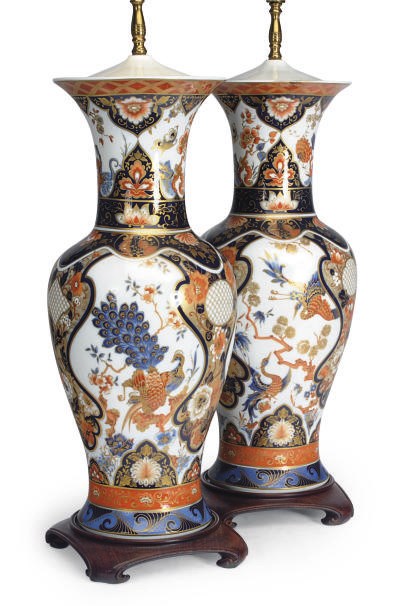 A PAIR OF LARGE IMARI PORCELAIN VASES,