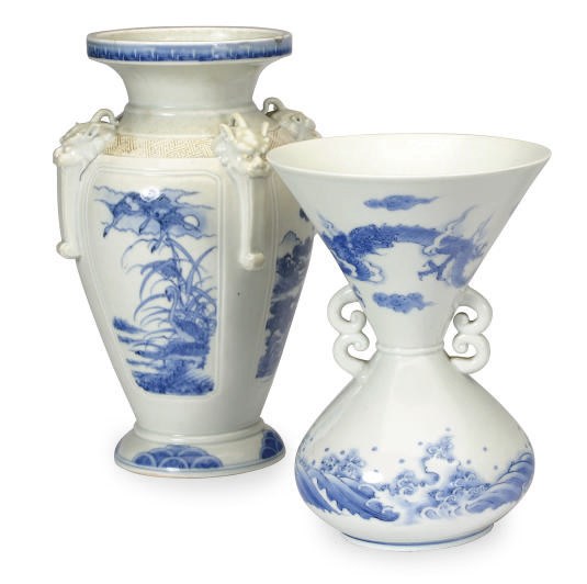 A JAPANESE HIRADO PORCELAIN BLUE AND WHITE BALUSTER VASE AND A SPITOON,