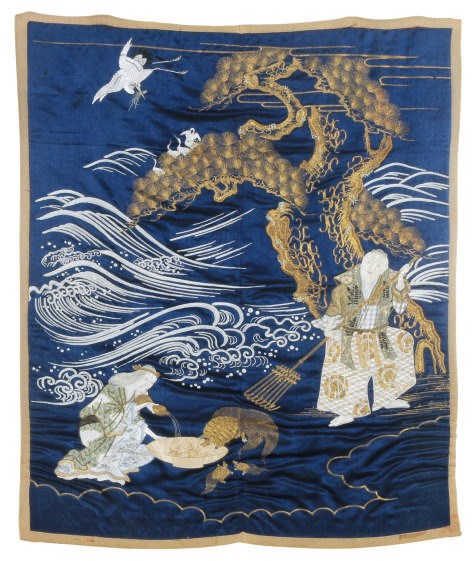 A JAPANESE GILT-EMBROIDERED SILK TEXTILE REPRESENTING THE HAPPY COUPLE JO AND UBA,