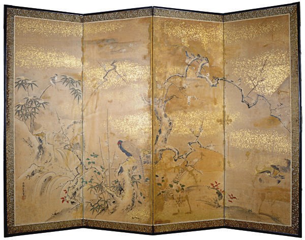 A JAPANESE FOUR-PANEL SCREEN WITH BIRDS AMONGST BAMBOO AND PRUNUS,
