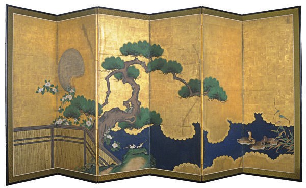 A JAPANESE SIX-PANEL SCREEN WITH BIRDS WITHIN A WATER GARDEN,