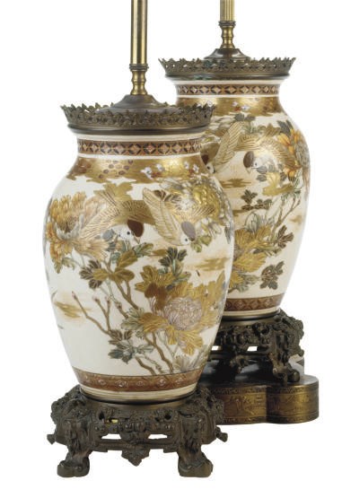A PAIR OF JAPANESE SATSUMA OVOID VASES MOUNTED AS LAMPS,