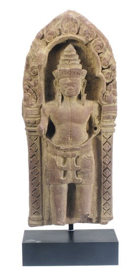 A KHMER SANDSTONE RELIEF WITH A MALE DEITY,