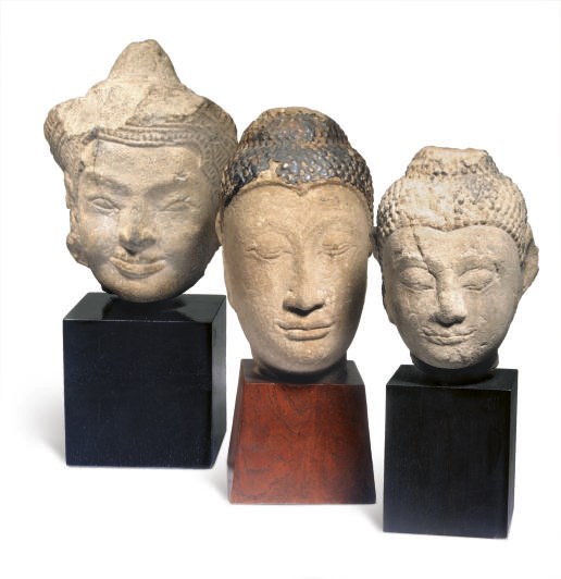 TWO THAI SANDSTONE HEADS OF BUDDHA,