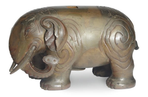 A LACQUERED WOOD MODEL OF AN ELEPHANT,