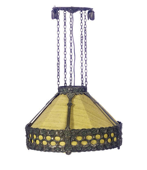 A PATINATED METAL CHANDELIER,