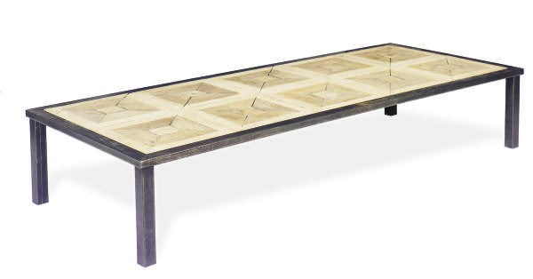 A STEEL AND OAK COFFEE TABLE,