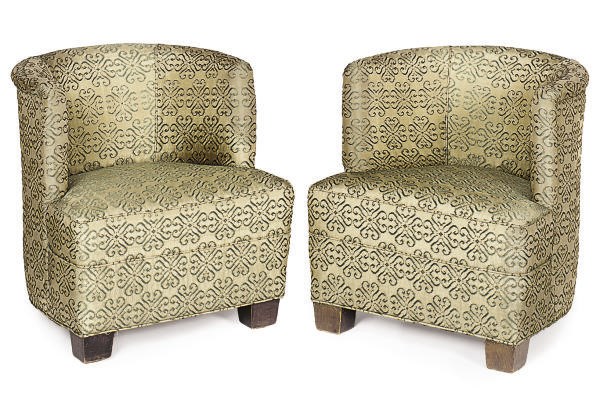 A PAIR OF STAINED WOOD AND UPHOLSTERED ARMCHAIRS,