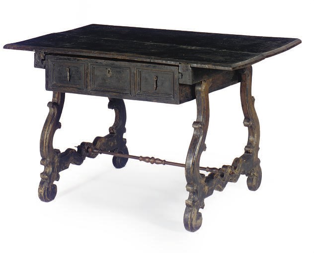 A STAINED FRUITWOOD, WALNUT AND STEEL TRESTLE TABLE,