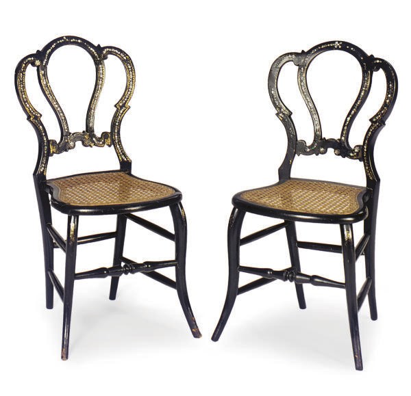 A PAIR OF VICTORIAN MOTHER-OF-PEARL INLAID, EBONIZED, PARCEL-GILT AND CANED SIDE CHAIRS,