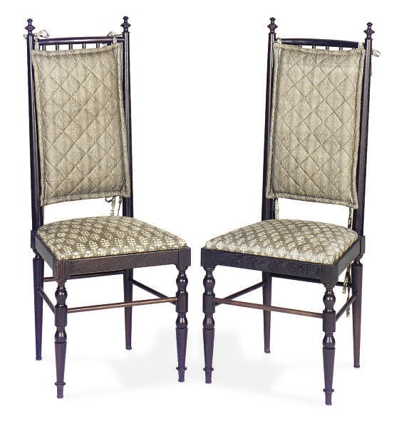 A SET OF TEN STAINED WOOD TALL-BACK DINING CHAIRS,