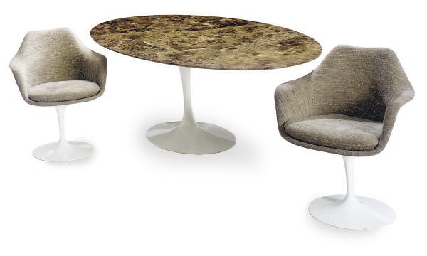 AN ENAMELED METAL, FIBERGLASS AND MARBLE 'TULIP' DINING SUITE,