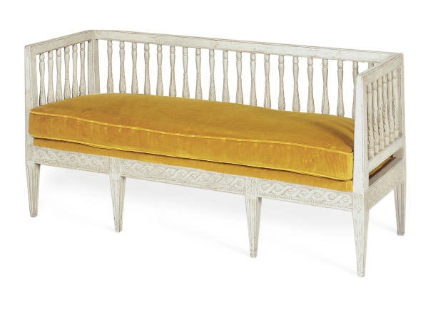 A PAINTED PINE AND CORDUROY UPHOLSTERED DAYBED,