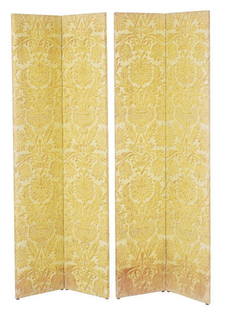 A PAIR OF FORTUNY FABRIC COVERED TWO-PANEL SCREENS,