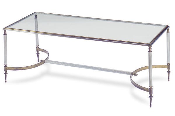 A BRUSHED ALUMINUM, BRASS AND GLASS COFFEE TABLE,