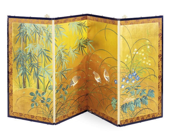 A GILT AND POLYCHROME-DECORATED FOUR-PANEL HANGING SCREEN,