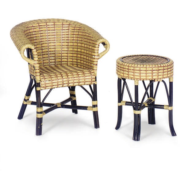 A SET OF FOUR WOVEN RATTAN AND EBONIZED ARMCHAIRS TOGETHER WITH TWO MATCHING CIRCULAR SIDE TABLES,