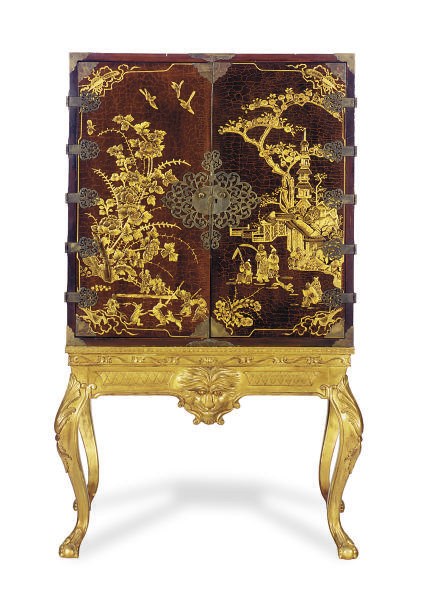 A BROWN AND GILT-LACQUERED AND GILTWOOD CABINET-ON-STAND,