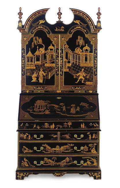 A BLACK AND GILT-CHINOISERIE DECORATED BUREAU-BOOKCASE,