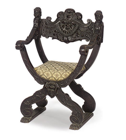 A WALNUT CURULE-FORM ARMCHAIR,