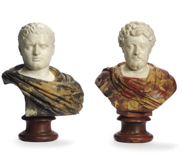 TWO ITALIAN POLYCHROME-DECORATED TERRACOTTA AND PLASTER BUSTS OF EMPERORS