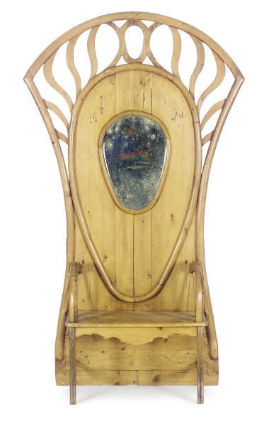 A PINE AND OAK HALL BENCH WITH MIRROR,