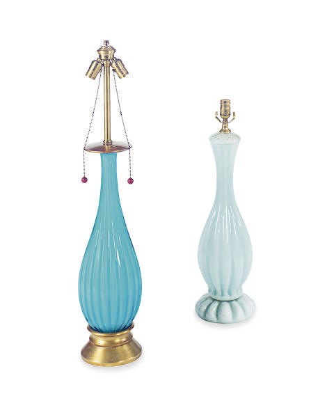 TWO GLASS TABLE LAMPS,
