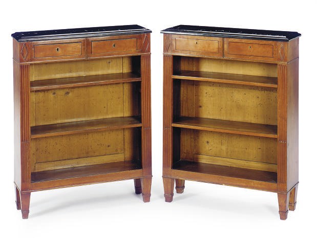 A PAIR OF CHERRYWOOD AND MARBLE-TOP OPEN BOOKCASES,
