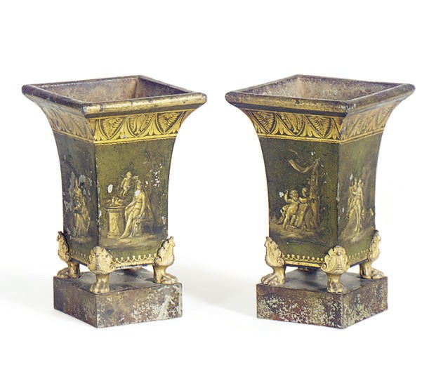 A PAIR OF GREEN AND GILT TOLE PEINTE VASES,