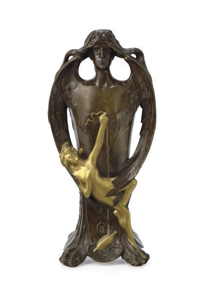 A PATINATED AND GILT-BRONZE FIGURAL VASE,