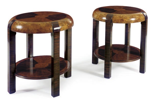A PAIR OF BURR BIRCH, MAHOGANY AND STAINED-WOOD SIDE TABLES,
