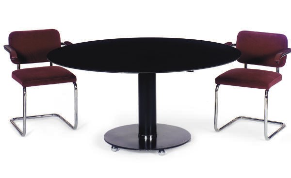 A BLACK ENAMELED AND CHROMED-METAL AND MARBLE DINING TABLE,