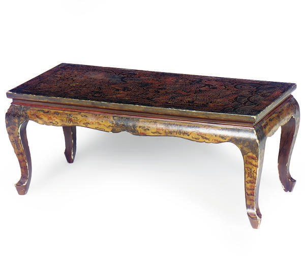 A CHINESE POLYCHROME-DECORATED HARDWOOD LOW TABLE,