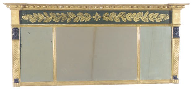 A GILTWOOD, PAINTED, AND PART-EBONIZED MIRROR,