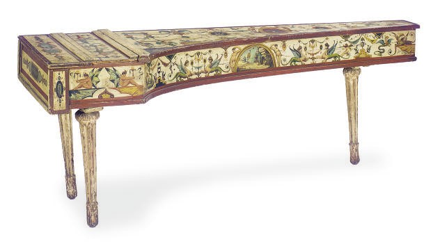AN ITALIAN POLYCHROME-DECORATED AND GILTWOOD PIANO FORTE**,