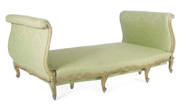 A GREEN PAINTED AND UPHOLSTERED DAYBED,