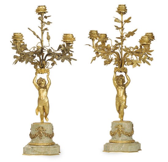 A PAIR OF FRENCH GILT-BRONZE AND MARBLE FIGURAL FIVE-LIGHT CANDELABRA,