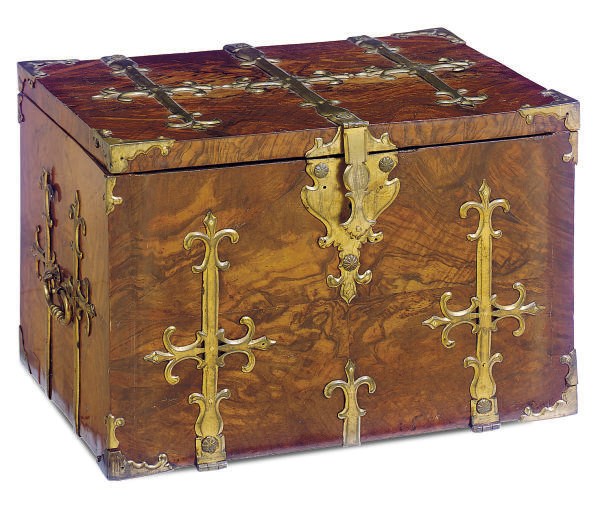 A FRANCO-FLEMISH GILT-METAL MOUNTED WALNUT STRONG BOX,