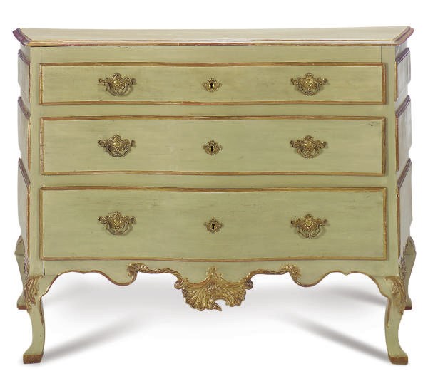 AN ITALIAN PAINTED AND PARCEL-GILT COMMODE,