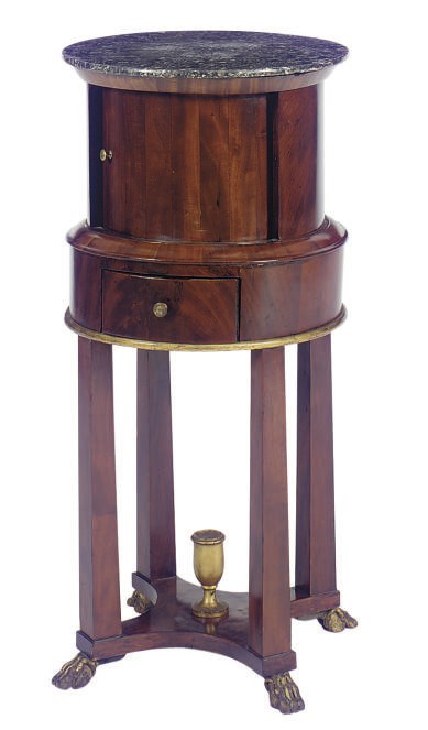 A MAHOGANY, PARCEL-GILT AND MARBLE-TOP POT CUPBOARD,