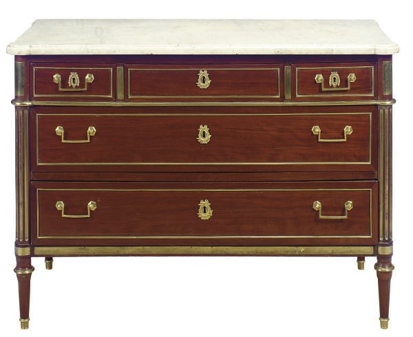 A LOUIS XVI ORMOLU-MOUNTED MAHOGANY AND MARBLE-TOP COMMODE,