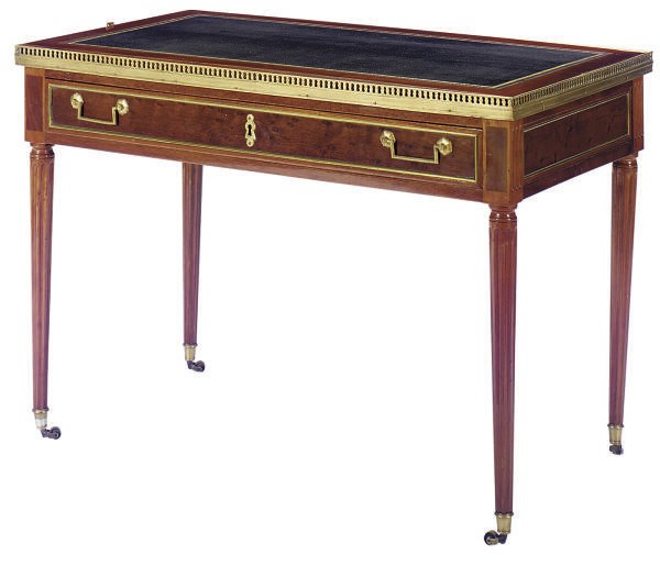 A FRENCH ORMOLU-MOUNTED MAHOGANY AND MARBLE-TOP WRITING TABLE,