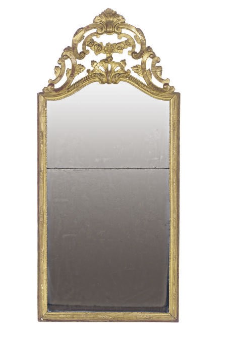 A CONTINENTAL PAINTED AND GILTWOOD MIRROR,